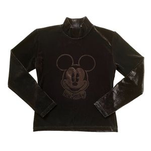 Black / Deep Brown Velvet Mickey Mouse Mock Neck Long Sleeve Top Medium